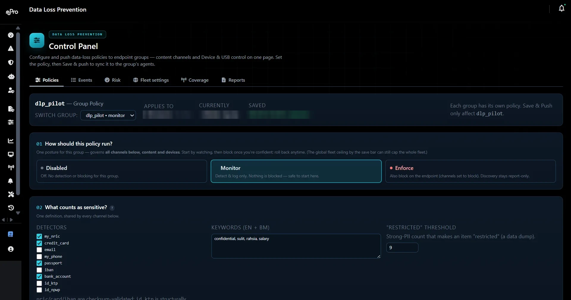 nPro DLP policy control panel with the credit card detector